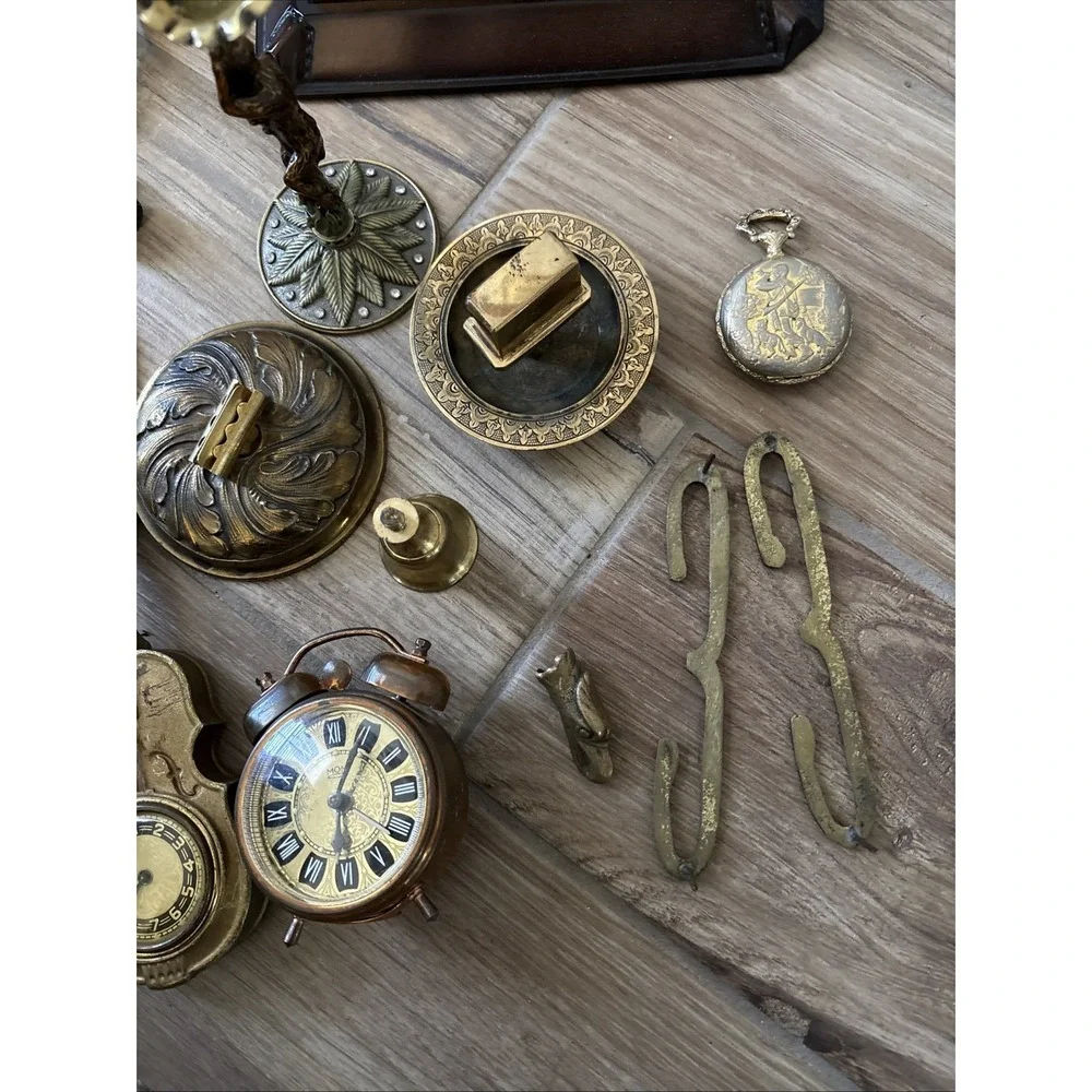 Vintage Brass Random Lot Figurines Clocks, Eagle Pendant, Magnifying Glass